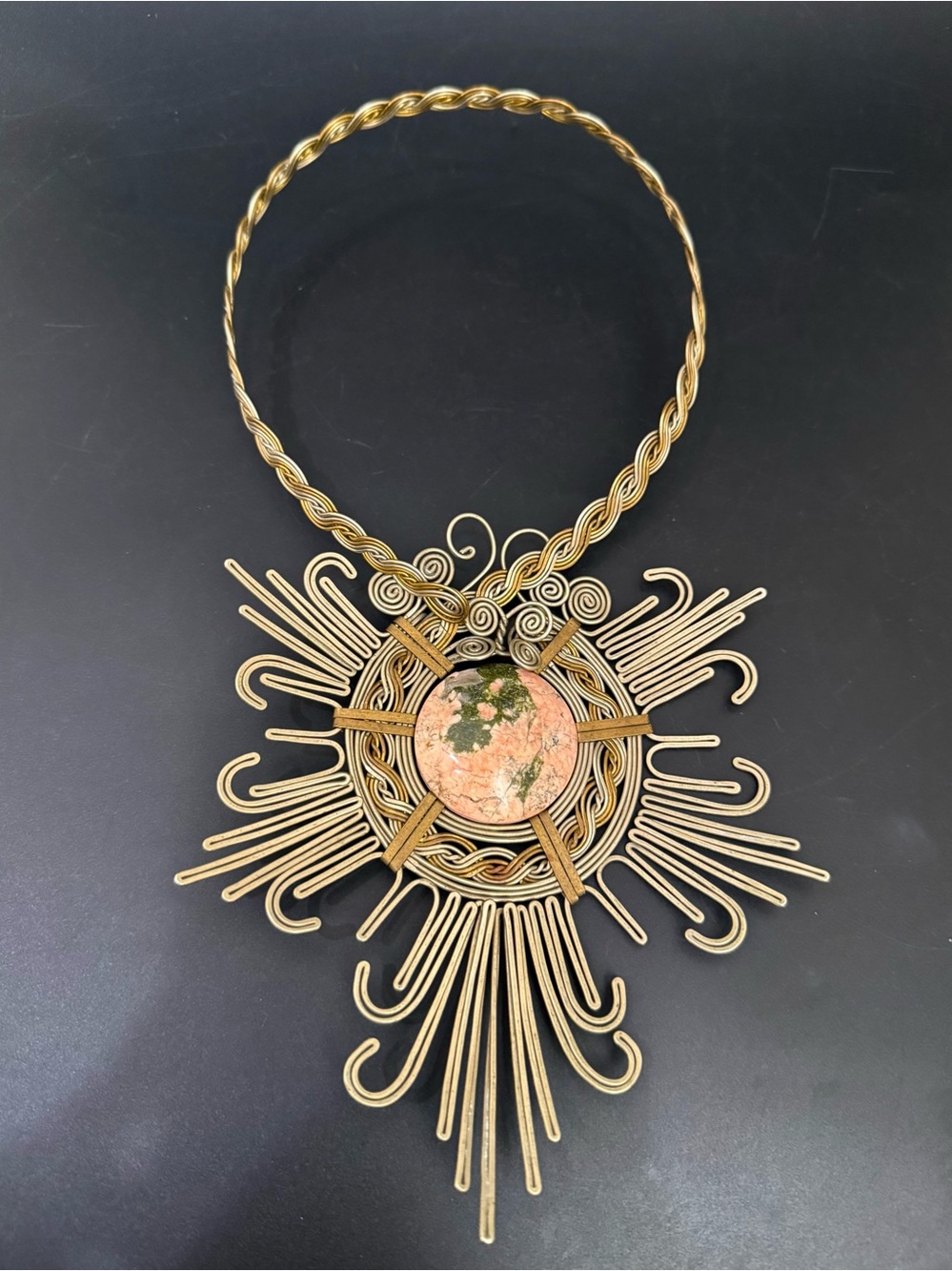 Handcrafted Wire Wrapped Silver-Plated & Brass Unakite Jasper Starburst Necklace